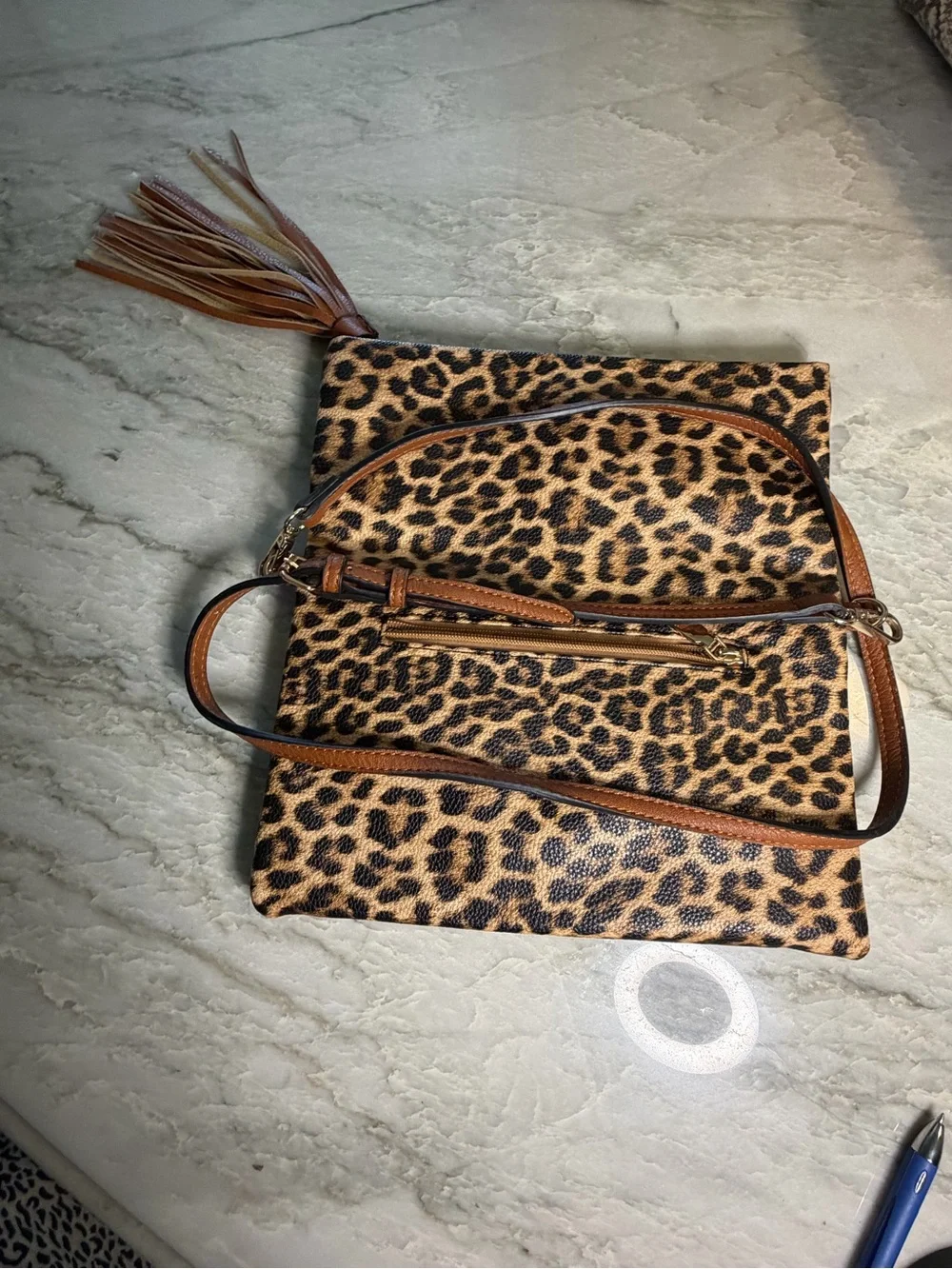 Leopard Print Fold-Over Crossbody Bag in Tan - Picture 4 of 7